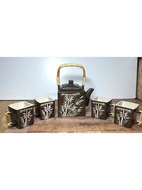 Global Home Zazen Zen Tea Pot and 4 tea cups stoneware Bamboo pattern, handles